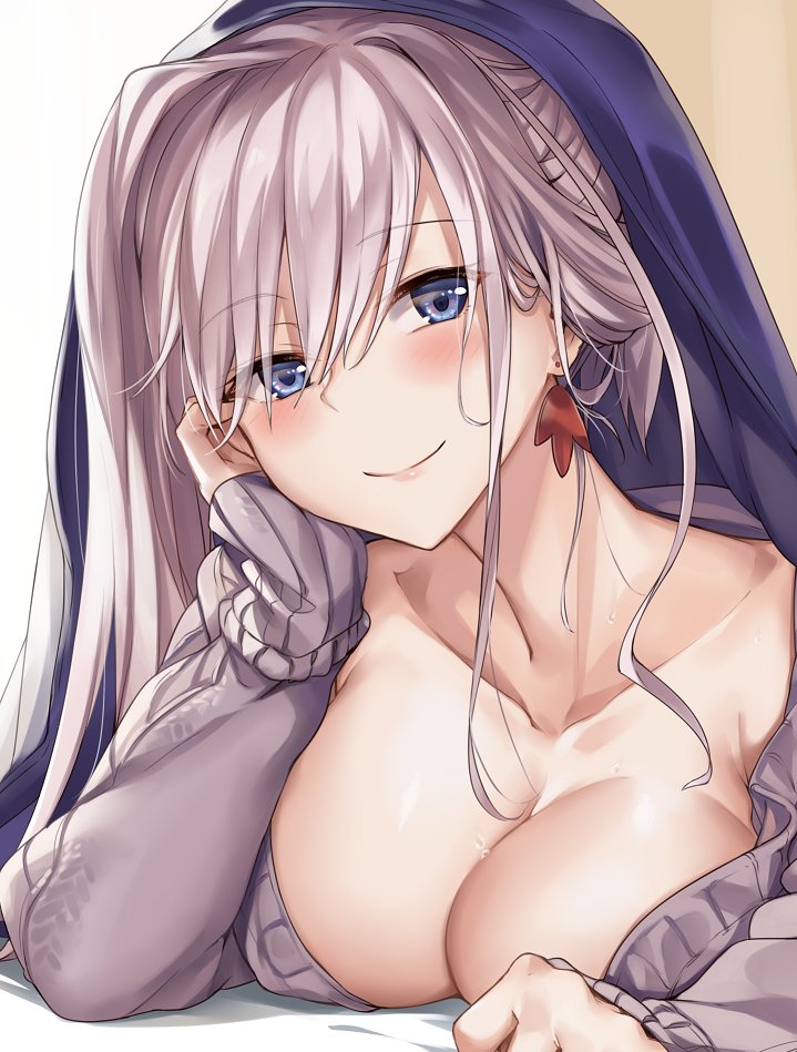 1girl bangs blue_eyes blush breasts casual cleavage closed_mouth collarbone commentary earrings eyebrows_visible_through_hair fate/grand_order fate_(series) head_on_hand jewelry ks large_breasts long_hair looking_at_viewer lying miyamoto_musashi_(fate/grand_order) on_stomach pink_hair ponytail purple_sweater sidelocks smile solo sweat sweater under_covers very_long_hair