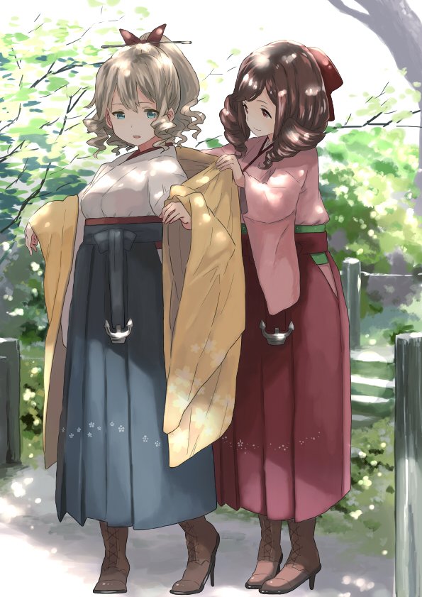 2girls anchor blonde_hair blue_eyes boots bow brown_eyes brown_footwear brown_hair bush cross-laced_footwear drill_hair full_body furisode hair_between_eyes hair_bow hakama hakama_skirt harukaze_(kantai_collection) hatakaze_(kantai_collection) high_heel_boots high_heels japanese_clothes kantai_collection kimono knee_boots lace-up_boots light_smile looking_at_another matsutani meiji_schoolgirl_uniform multiple_girls open_mouth pink_hakama pink_kimono ponytail red_bow red_hakama short_hair stairs standing stone_stairs tree tree_shade twin_drills