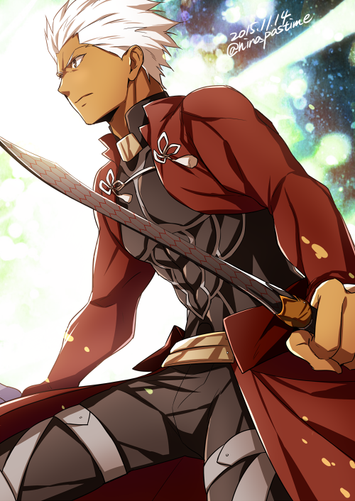 1boy 2015 archer brown_eyes dark_skin dated fate/stay_night fate_(series) holding holding_sword holding_weapon male_focus nina_(pastime) silver_hair solo stance sword twitter_username weapon