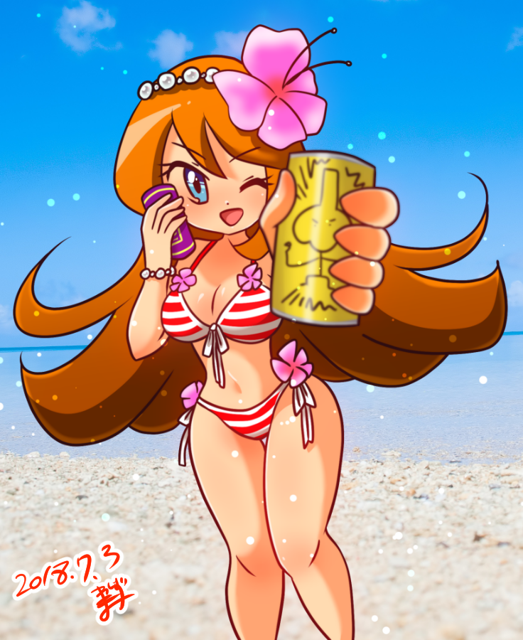 1girl 2018 artist_name beach bikini blue_eyes can cute dated drink flower long_hair moe mona_(warioware) nintendo one_eye_closed open_mouth red_hair smile solo striped_bikini swimsuit warioware washizumami wink