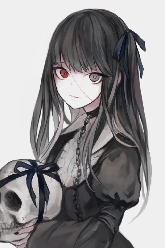 1girl bangs black_dress black_hair black_nails blue_bow blue_ribbon bow commentary_request dress eyebrows_visible_through_hair fingernails grey_background grey_eyes hair_bow hasunokaeru heterochromia holding_skull juliet_sleeves long_hair long_sleeves looking_at_viewer nail_polish one_side_up original puffy_sleeves red_eyes ribbon simple_background skull sleeves_past_wrists solo upper_body