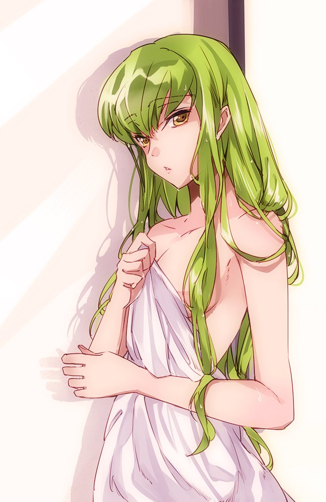 1girl bangs blunt_bangs breasts c.c. cleavage code_geass collarbone eyebrows_visible_through_hair green_hair hair_between_eyes long_hair medium_breasts meimi_k naked_sheet parted_lips shiny shiny_hair sideboob simple_background solo standing very_long_hair wet white_background yellow_eyes