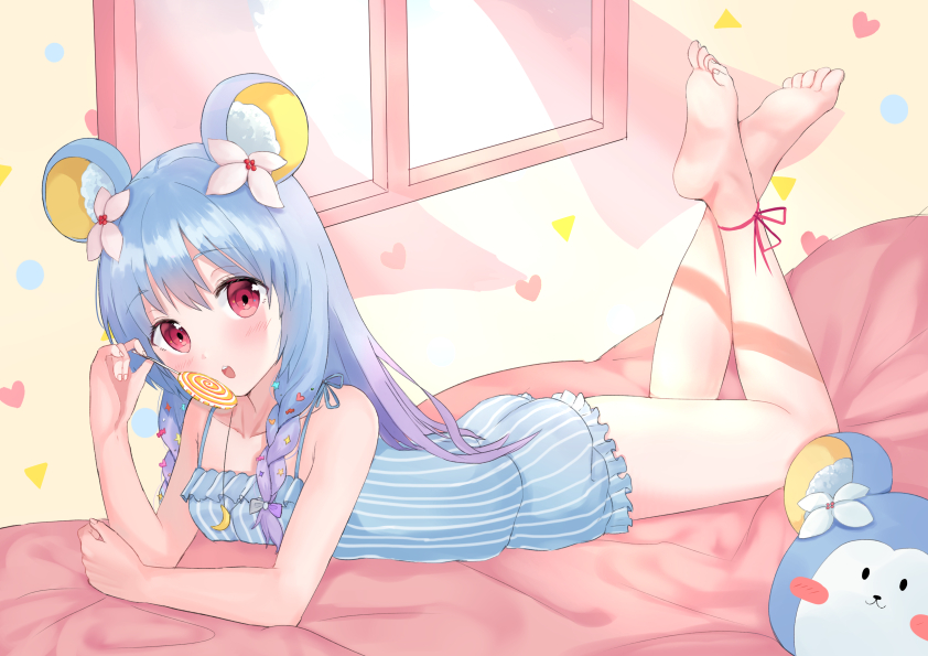 1girl animal_ear_fluff animal_ears bangs bare_arms bare_shoulders barefoot bear_ears bed_sheet blue_camisole blue_flower blue_hair blue_shorts blue_sky blush blush_stickers braid camisole candy clouds cloudy_sky collarbone commentary_request crescent crescent_necklace curtains day eyebrows_visible_through_hair feet fingernails flower food gradient_hair hair_between_eyes hair_flower hair_ornament hand_up head_tilt heart holding holding_food holding_lollipop jewelry kubong lollipop long_hair looking_at_viewer lying multicolored_hair necklace on_stomach original pink_flower purple_hair red_eyes red_ribbon revision ribbon short_shorts shorts side_braids sky soles solo striped swirl_lollipop transparent twin_braids vertical-striped_shorts vertical_stripes window