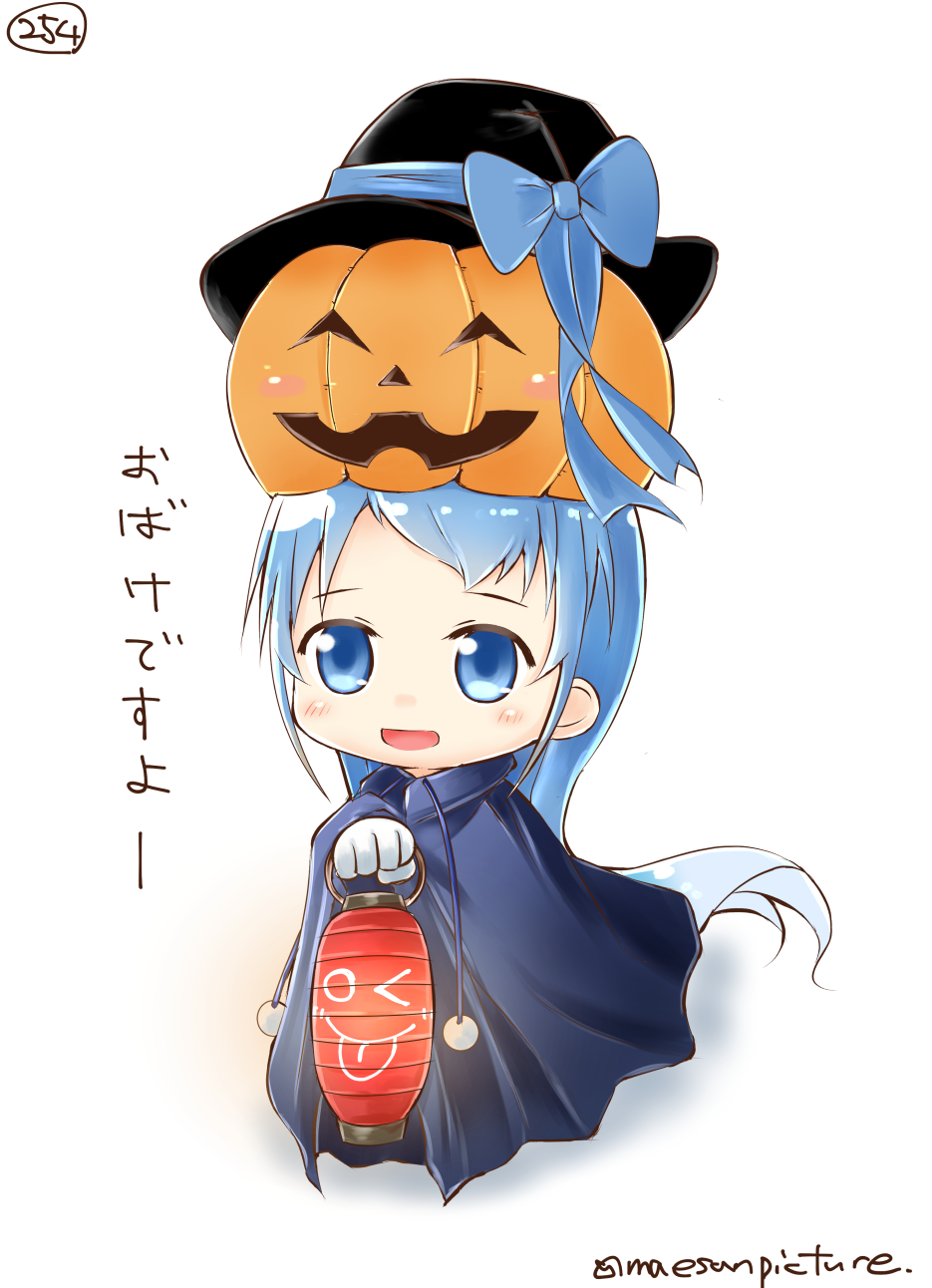 1girl alternate_costume bangs big_head blue_eyes blue_hair blush bow cape chibi cloak commentary_request dark dark_background eyebrows_visible_through_hair full_body gloves glowing gradient_hair hair_between_eyes halloween halloween_costume hat hat_over_hat highres holding kantai_collection lantern long_hair looking_at_viewer mae_(maesanpicture) multicolored_hair open_mouth paper_lantern pumpkin pumpkin_hat ribbon samidare_(kantai_collection) short_bangs simple_background solo translated twitter_username very_long_hair witch_hat