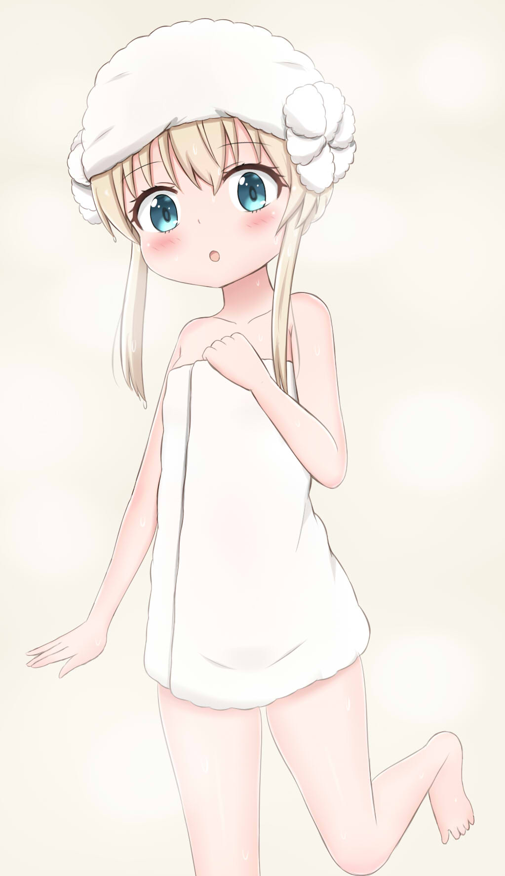 1girl :o bangs bare_arms bare_legs bare_shoulders barefoot blonde_hair blue_eyes blush brown_background collarbone commentary_request eyebrows_visible_through_hair hair_between_eyes hand_up highres jiu_(sdesd3205) long_hair looking_at_viewer naked_towel parted_lips sidelocks solo standing standing_on_one_leg takanashi_misha towel towel_on_head uchi_no_maid_ga_uzasugiru!