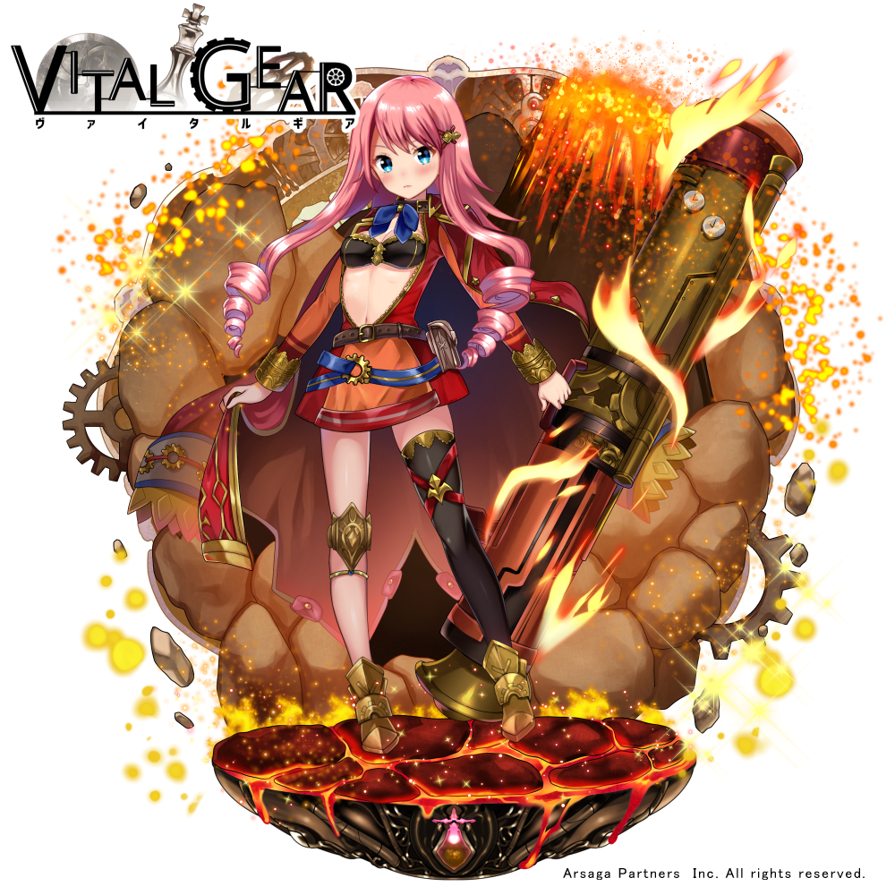 1girl belt_pouch black_bra black_legwear blue_bow blue_eyes bow bra bracelet breasts company_name copyright_name drill_hair full_body gears hair_ornament jewelry long_hair long_sleeves looking_at_viewer meisuke_mei meter molten_rock navel official_art open_clothes orange_skirt pink_hair pouch rock single_thighhigh skirt small_breasts standing thigh-highs underwear vital_gear watermark