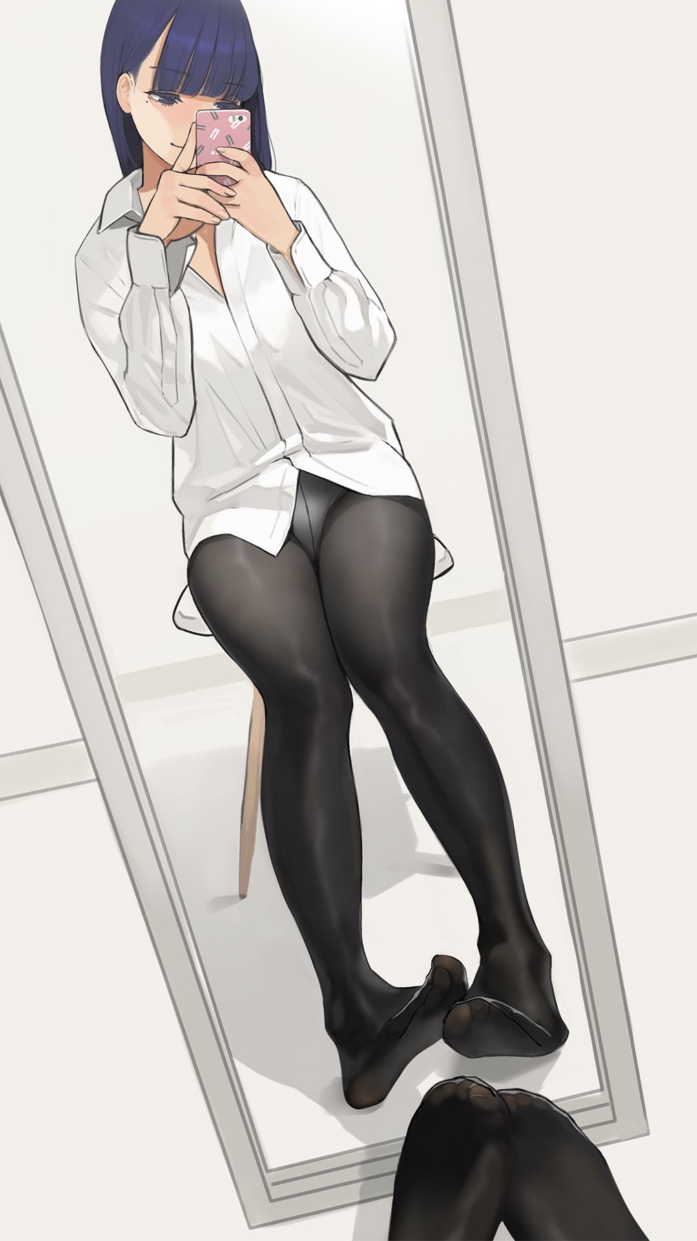 1girl bangs black_legwear blue_eyes blue_hair cellphone closed_mouth dress_shirt feet highres legs long_hair mirror mole mole_under_eye no_shoes original panties panties_under_pantyhose pantyhose phone reflection self_shot shirt sitting smile soles solo stool thighband_pantyhose thighs toes underwear yomu_(sgt_epper)