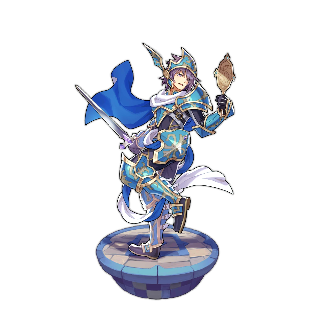 1boy armor artist_request belt cape dragalia_lost full_armor holding holding_sword holding_weapon looking_at_mirror mirror non-web_source official_art scarf smile sword transparent_background weapon zardin_(dragalia_lost)