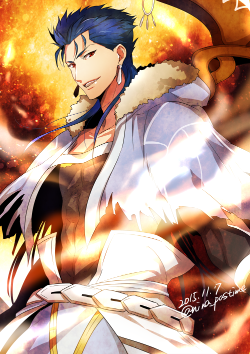 1boy 2015 blue_hair cu_chulainn_(fate/grand_order) dated earrings fate/grand_order fate_(series) fur_trim jewelry lancer male_focus nina_(pastime) red_eyes solo standing