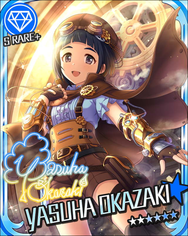 blue_hair blush brown_eyes cape character_name dress goggles idolmaster idolmaster_cinderella_girls okazaki_yasuha short_hair smile stars steampunk