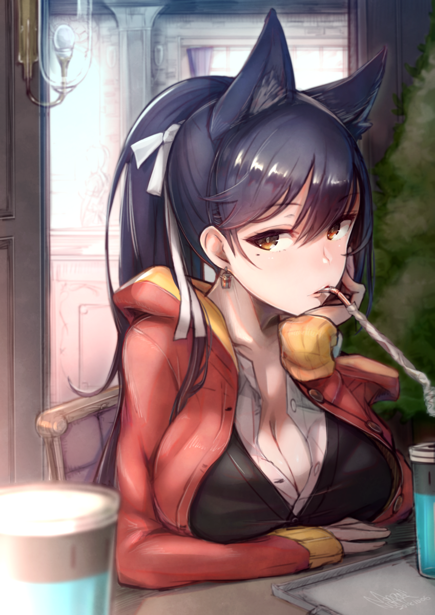 1girl alternate_costume animal_ears atago_(azur_lane) azur_lane bangs black_hair black_vest blush breast_rest breasts brown_eyes casual chair cleavage collarbone cup day drinking drinking_straw earrings elbow_rest extra_ears eyebrows_visible_through_hair hair_ribbon head_on_hand highres hood hoodie indoors jewelry large_breasts long_hair looking_at_viewer mappaninatta mole mole_under_eye open_clothes open_hoodie partially_unbuttoned revision ribbon shirt signature sitting solo swept_bangs tray tsurime vest white_ribbon white_shirt window