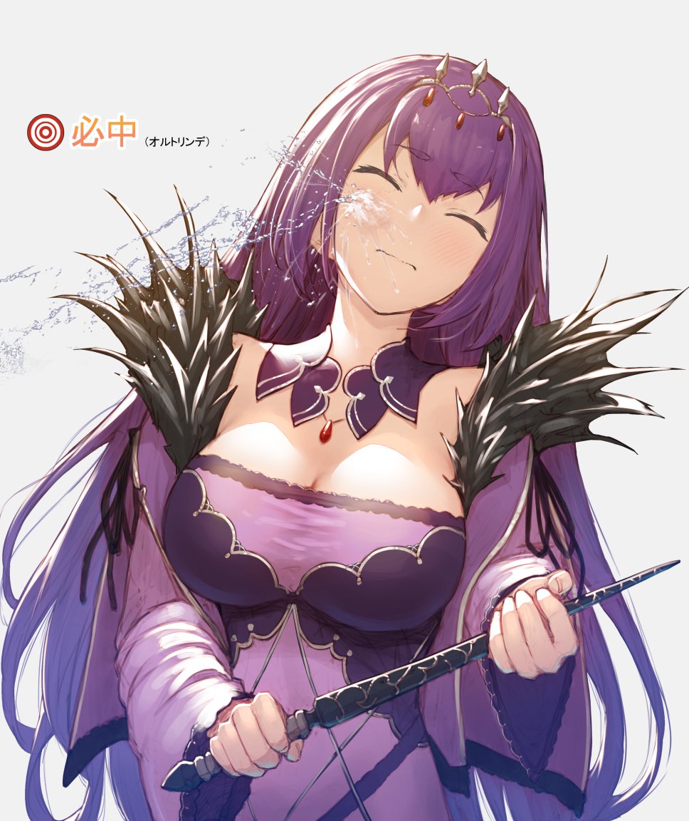 1girl bangs bare_shoulders breasts cleavage closed_eyes closed_mouth detached_collar dress fate/grand_order fate_(series) fur_trim hair_between_eyes jewelry large_breasts long_hair necklace pendant purple_dress purple_hair pyz_(cath_x_tech) scathach_(fate)_(all) scathach_skadi_(fate/grand_order) simple_background solo tiara wand white_background