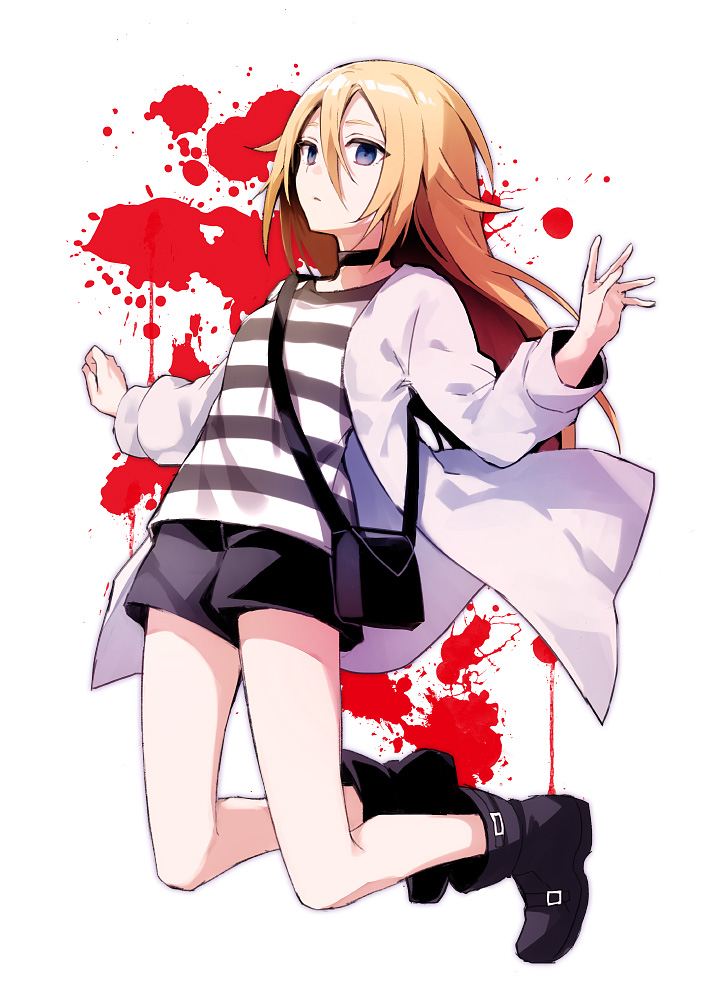 1girl bag black_footwear black_shorts blonde_hair blood blood_splatter blue_eyes boots choker full_body grey_jacket hair_between_eyes handbag jacket ku6_dar1 long_hair open_clothes open_jacket rachel_gardner satsuriku_no_tenshi shirt short_shorts shorts solo striped striped_shirt white_background