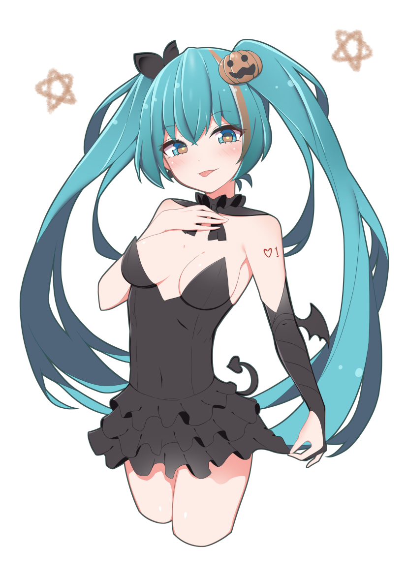 1girl :p bare_shoulders black_dress black_ribbon blue_eyes blue_hair breasts bridal_gauntlets bright_pupils brown_eyes brown_hair cleavage commentary_request covered_navel cropped_legs demon_tail detached_collar dress food_themed_hair_ornament giryu hair_ornament hair_ribbon hatsune_miku layered_dress medium_breasts multicolored multicolored_eyes multicolored_hair number_tattoo pentagram pumpkin_hair_ornament ribbon shoulder_tattoo simple_background smile solo strapless strapless_dress streaked_hair tail tattoo tongue tongue_out vocaloid white_background