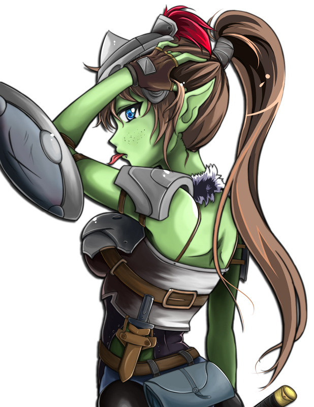 1girl armor blue_eyes breasts brown_gloves brown_hair buckler commentary_request dagger fang fanny_pack fingerless_gloves forehead_protector freckles from_behind genderswap genderswap_(mtf) gloves goblin goblin_slayer goblin_slayer! green_skin hair_pulled_back kenmiko long_hair looking_back medium_breasts monster_girl monsterification pauldrons pointy_ears ponytail sheath shield solo sword tongue tongue_out weapon white_background