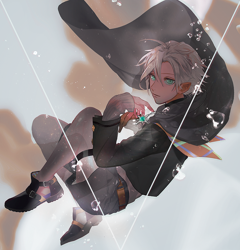 1boy :| ahoge air_bubble black_cape black_footwear black_shorts blue_eyes bubble cape closed_mouth full_body grey_legwear jewelry long_sleeves looking_at_viewer meijuvo necklace original shorts underwater white_hair