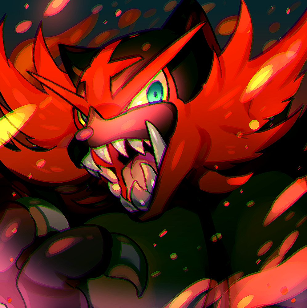 claws creatures_(company) fire game_freak gen_7_pokemon green_eyes incineroar long_hair looking_at_viewer nintendo no_humans open_mouth pokemon pokemon_(creature) pokemon_(game) pokemon_sm sharp_teeth smile solo super_smash_bros. super_smash_bros._ultimate teeth yasaikakiage yellow_sclera