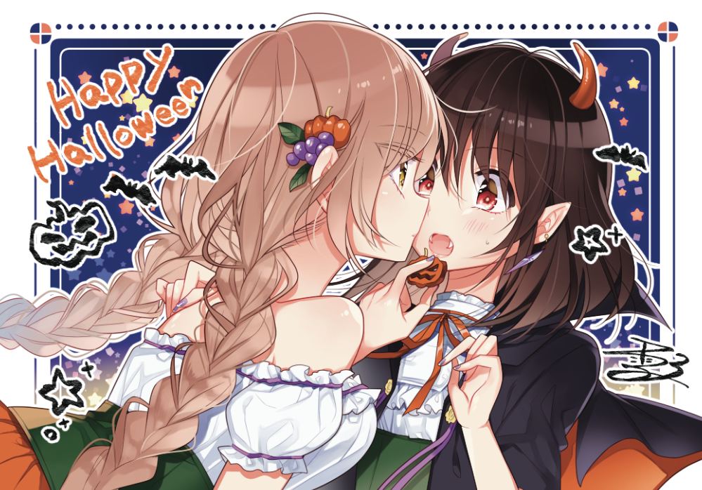 2girls bangs bare_shoulders bat black_hair black_jacket blue_background blush braid closed_mouth cookie corset demon_horns earrings eye_contact eyebrows_visible_through_hair fangs feeding fingernails food food_themed_hair_ornament frilled_shirt frills futaribeya hair_ornament hand_on_another's_shoulder happy_halloween holding holding_food horns jacket jewelry kawawa_sakurako light_brown_hair long_hair looking_at_another multiple_girls nail_polish neck_ribbon off-shoulder_shirt open_clothes open_jacket open_mouth orange_neckwear orange_ribbon outside_border pointy_ears profile puffy_short_sleeves puffy_sleeves pumpkin purple_nails red_eyes ribbon shirt short_hair short_sleeves signature smile star starry_background twin_braids upper_body vampire white_shirt yamabuki_kasumi yellow_eyes yukiko_(tesseract) yuri