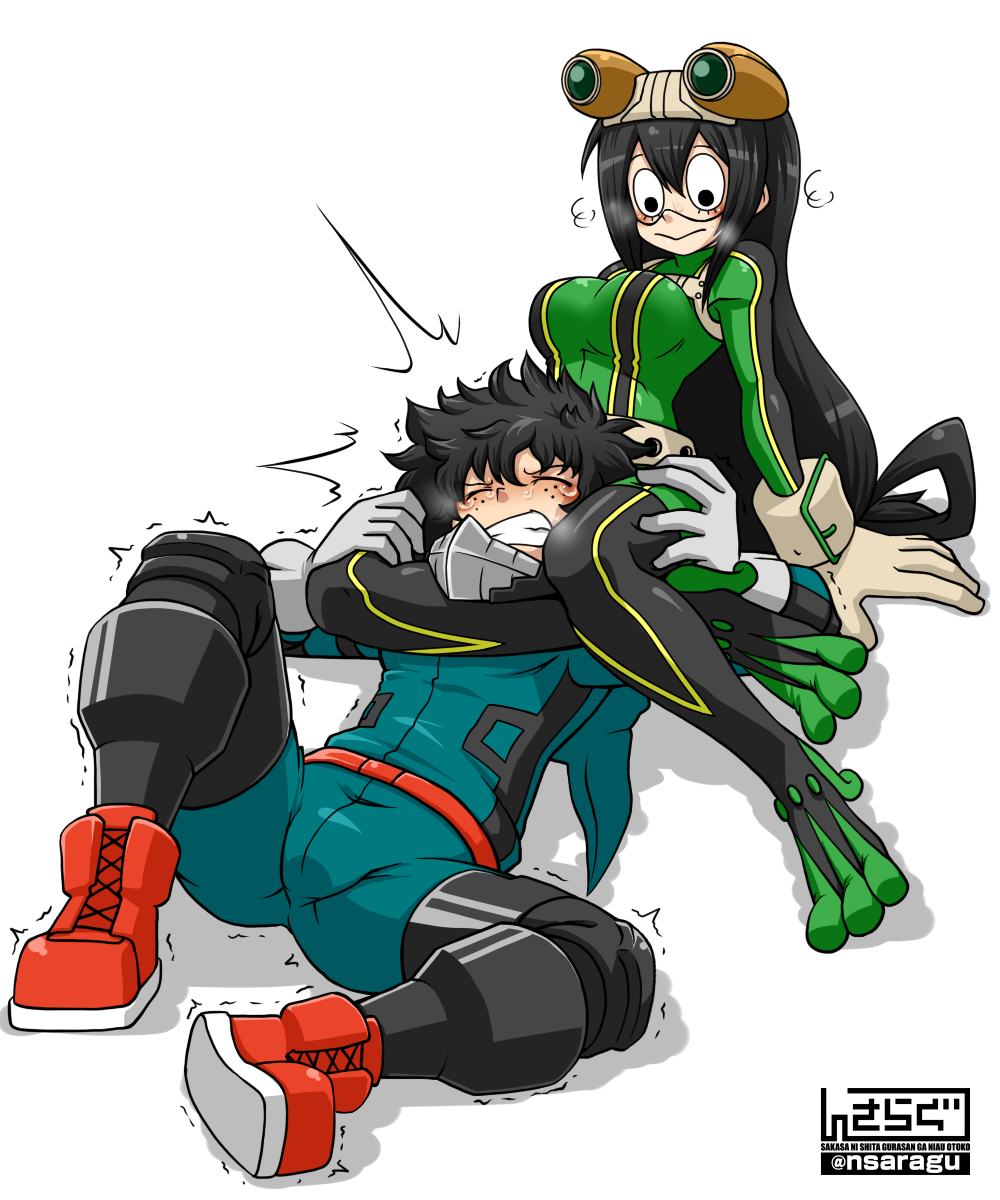 1boy 1girl asphyxiation asui_tsuyu between_legs blush boku_no_hero_academia breasts clenched_teeth closed_eyes freckles grabbing highres leg_lock lying medium_breasts midoriya_izuku on_back sakasa_gurasan sweatdrop teeth trembling wrestling