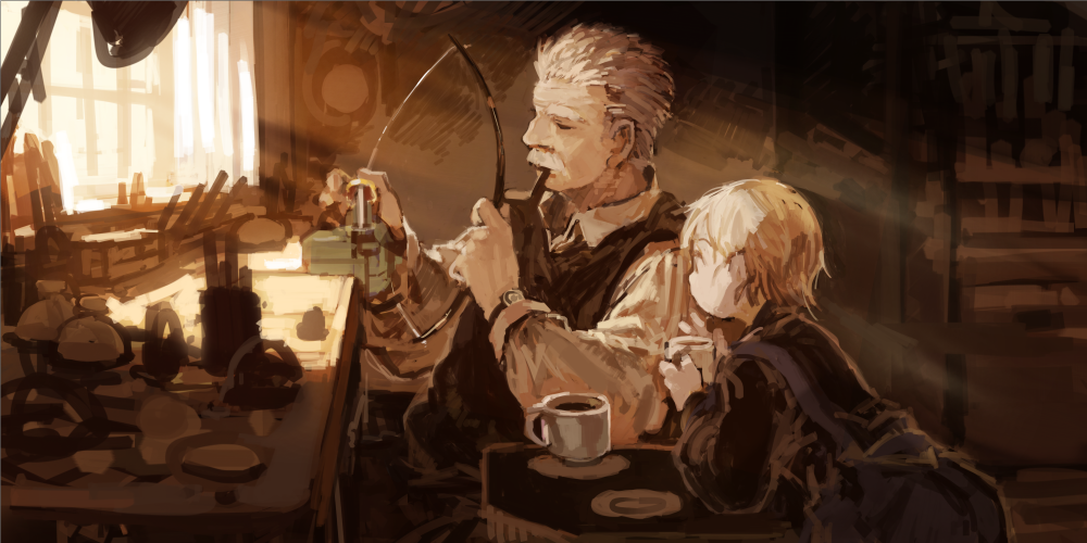 1boy 1girl age_difference arms_up black_dress blonde_hair burari child coffee_mug collared_shirt cup day dish dress from_side indoors leaning_forward long_sleeves mug old_man original profile shirt short_hair sunlight table teaching watch watch white_hair white_shirt