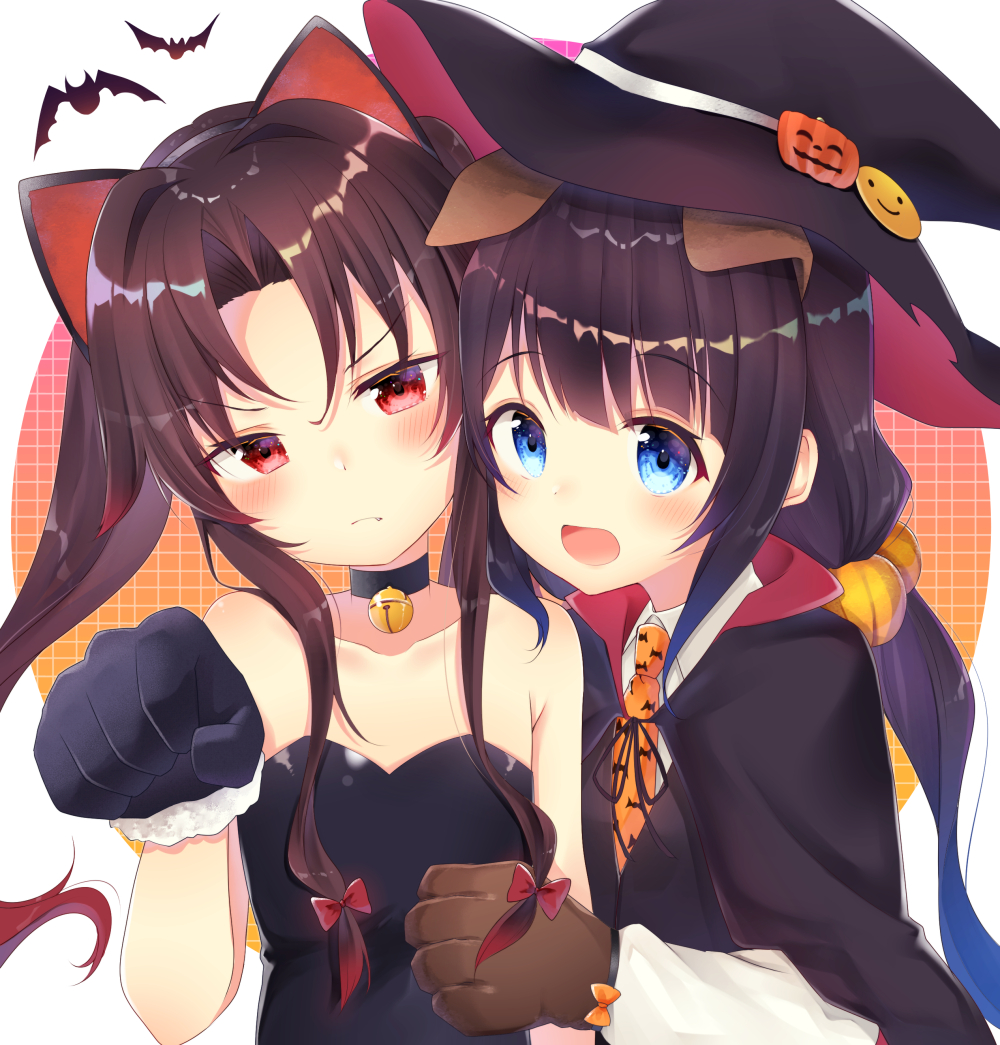 2girls :d animal_ears animal_print bare_shoulders bat bat_print bell bell_choker black_gloves black_hair black_hat blue_eyes blush brown_gloves brown_hair cat_ears choker collarbone commentary_request dog_ears eyebrows_visible_through_hair gloves gyozanuko halloween hat hinatsuru_ai long_hair looking_at_viewer multiple_girls necktie open_mouth orange_neckwear paw_gloves paw_pose paws red_eyes ryuuou_no_oshigoto! smile twintails witch_hat yashajin_ai