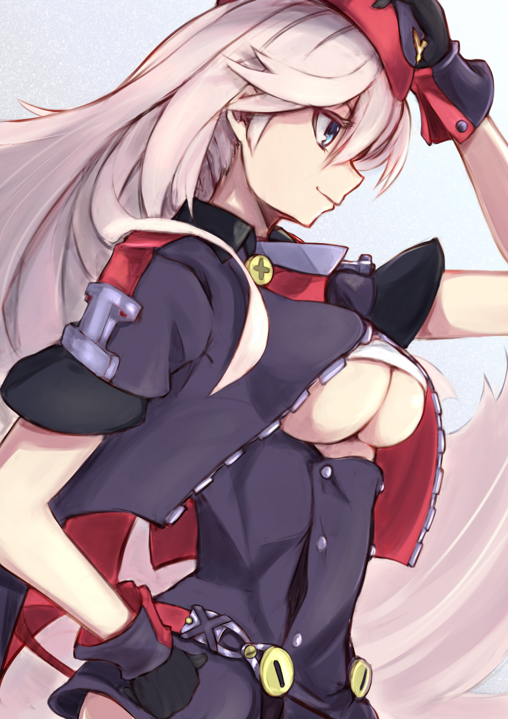 1girl adjusting_clothes adjusting_hat azur_lane black_hat blue_eyes breasts cleavage cleavage_cutout dress garrison_cap gloves hair_between_eyes hand_on_hip hat highres large_breasts long_hair marshall2033 scharnhorst_(azur_lane) short_dress short_sleeves silver_hair simple_background solo uniform very_long_hair white_background