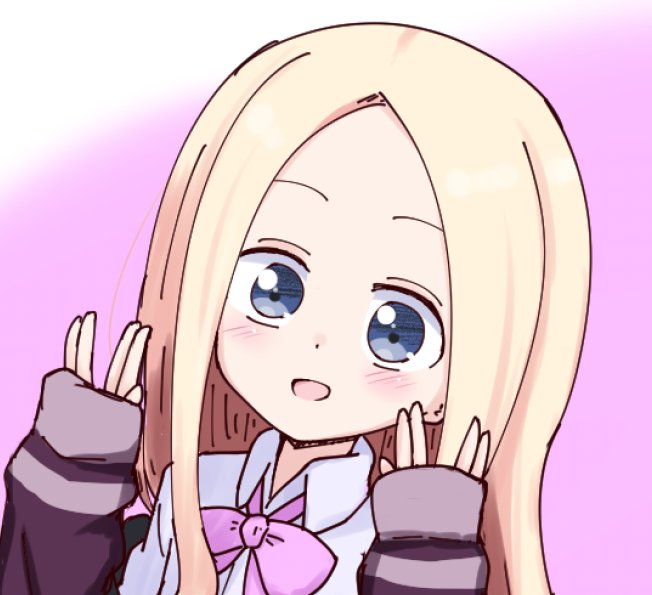 1girl :d abigail_williams_(fate/grand_order) bangs blonde_hair blue_eyes blush bow collared_shirt cosplay fate/grand_order fate_(series) forehead gradient gradient_background hands_up jacket kujou_karasuma long_hair long_sleeves looking_at_viewer open_mouth parted_bangs pink_background pink_bow purple_jacket salute shinjou_akane shinjou_akane_(cosplay) shirt sleeves_past_wrists smile solo ssss.gridman vulcan_salute white_background white_shirt