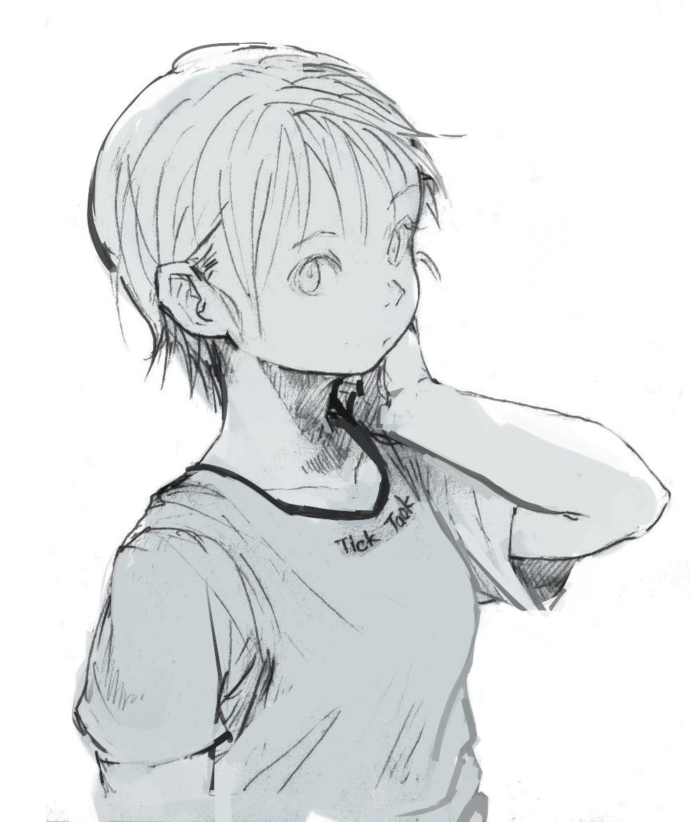 1girl burari clothes_writing expressive_clothes greyscale looking_at_viewer monochrome original shirt short_hair short_sleeves simple_background solo upper_body white_background