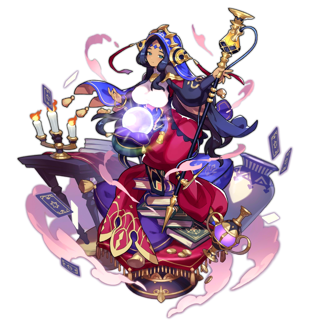 1girl artist_request ball book candle candlestand card crystal_ball dark_skin dragalia_lost dress facial_mark forehead_mark green_eyes holding holding_staff lamp non-web_source official_art orb staff transparent_background vase verica