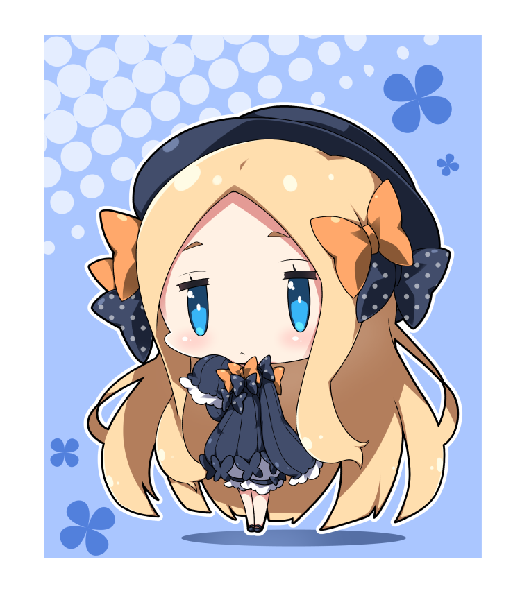 1girl :&lt; abigail_williams_(fate/grand_order) bangs black_bow black_dress black_footwear black_hat blonde_hair bloomers blue_eyes blush bow bug butterfly chibi closed_mouth commentary_request dress fate/grand_order fate_(series) forehead full_body hair_bow halftone hat insect long_hair long_sleeves looking_at_viewer mary_janes milkpanda orange_bow parted_bangs polka_dot polka_dot_bow shoes sleeves_past_fingers sleeves_past_wrists solo standing underwear very_long_hair white_bloomers