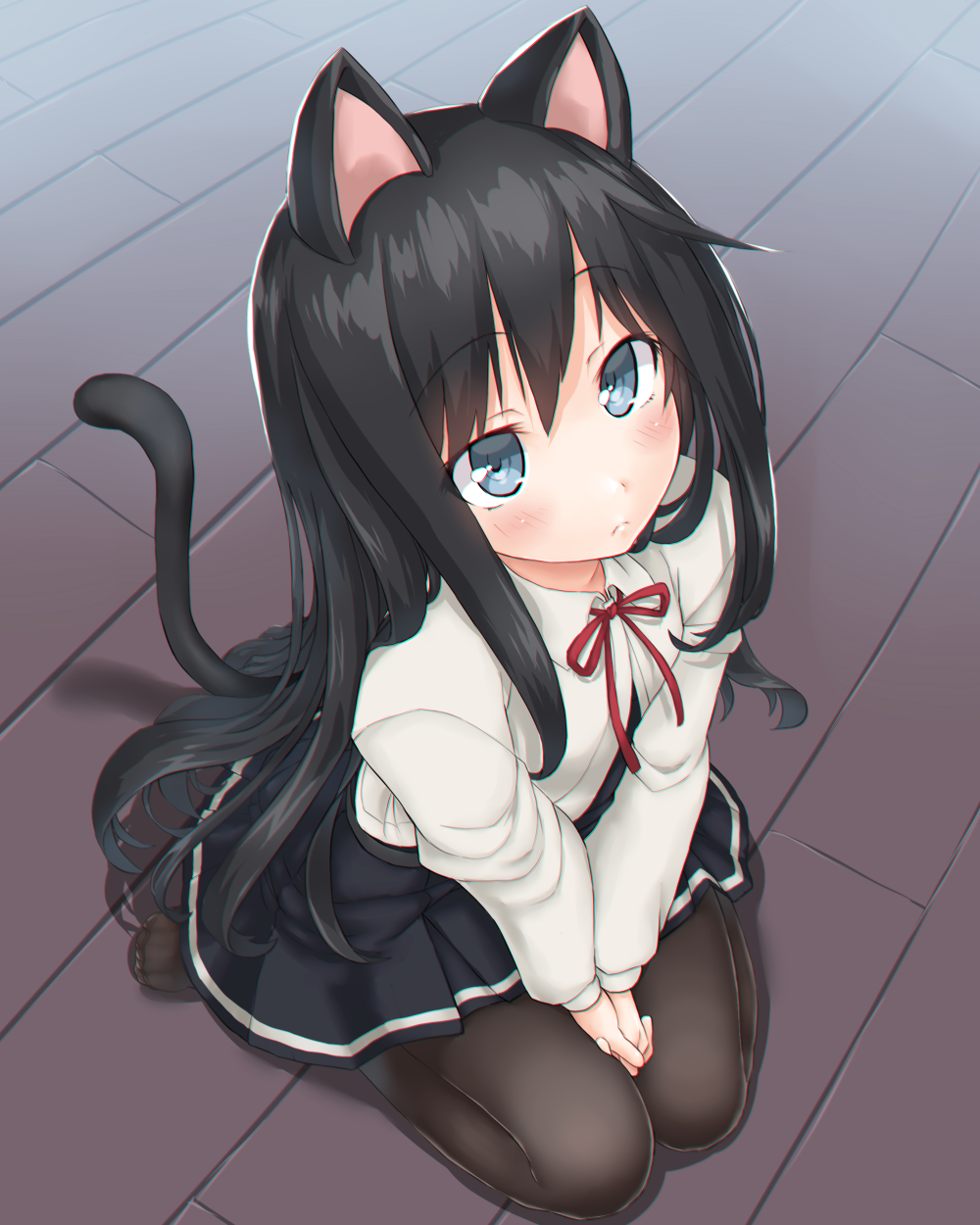 1girl animal_ears asashio_(kantai_collection) bangs black_hair black_legwear black_skirt blush cat_ears cat_tail closed_mouth collared_shirt dd_(ijigendd) eyebrows_visible_through_hair full_body hair_between_eyes highres indoors kantai_collection kemonomimi_mode long_hair long_sleeves neck_ribbon no_shoes pantyhose red_neckwear red_ribbon ribbon school_uniform shirt sitting skirt solo tail v_arms very_long_hair white_shirt wooden_floor