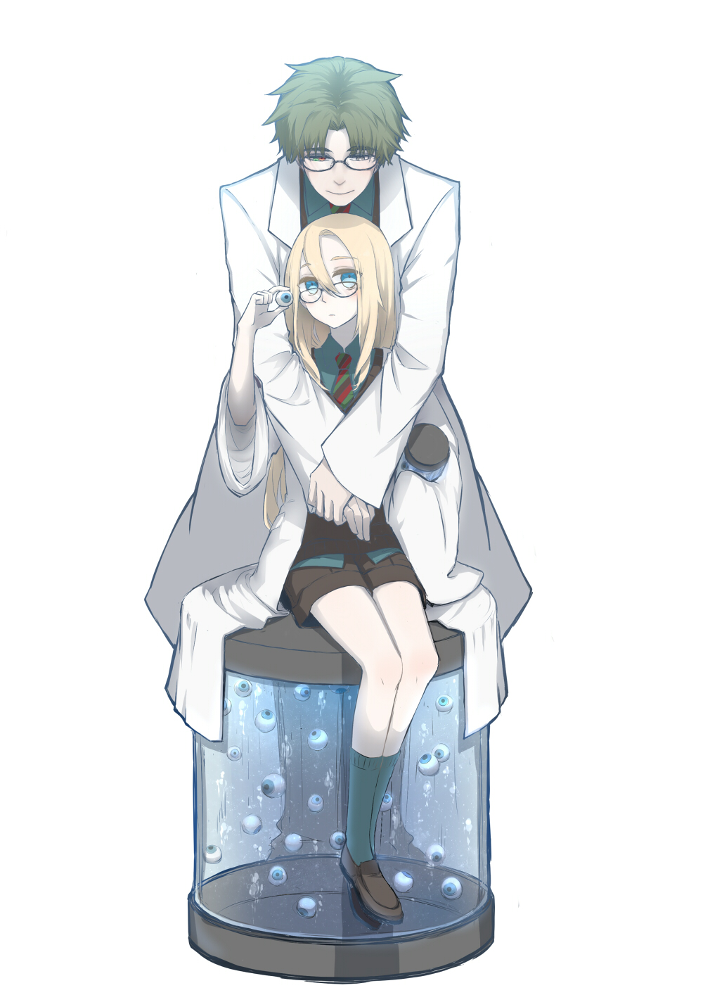 1boy 1girl aqua_shirt black-framed_eyewear black_shorts blonde_hair blue_eyes brown_footwear danny_(satsuriku_no_tenshi) eyeball full_body glasses green_hair hair_between_eyes highres holding hug hug_from_behind labcoat leaning_forward loafers long_hair looking_at_viewer necktie rachel_gardner rin_(pixiv4106191) satsuriku_no_tenshi shirt shoes short_shorts shorts simple_background sitting striped white_background