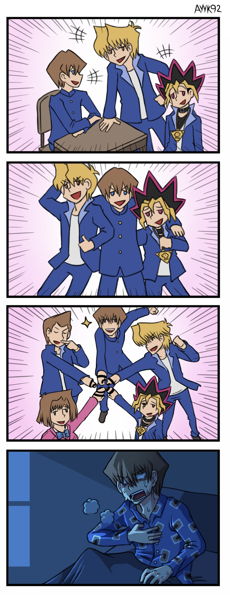 1girl 4boys 4koma :d ayyk92 bed blonde_hair blue_eyes body_writing brown_hair comic eyebrows_visible_through_hair highres honda_hiroto jounouchi_katsuya kaiba_seto mazaki_anzu millennium_puzzle multicolored_hair multiple_boys mutou_yuugi nightmare open_mouth pajamas school_uniform smile sparkle speed_lines spiky_hair sweat talking yu-gi-oh! yuu-gi-ou yuu-gi-ou_duel_monsters