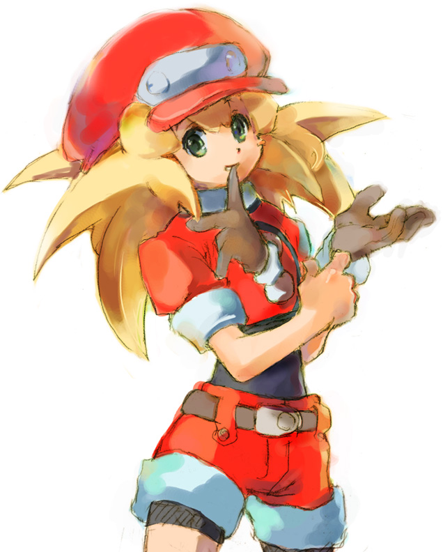 1girl belt blonde_hair breasts brown_gloves buttons cabbie_hat commentary_request dinef gloves green_eyes hat jacket long_hair looking_at_viewer open_mouth red_jacket rockman rockman_dash roll_caskett short_sleeves shorts smile solo