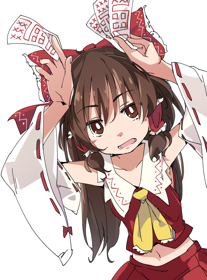 1girl ascot bow brown_eyes brown_hair detached_sleeves eyebrows_visible_through_hair gohei hair_bow hair_tubes hakurei_reimu ixy long_hair looking_at_viewer midriff navel open_mouth red_bow simple_background solo touhou white_background wide_sleeves yellow_neckwear