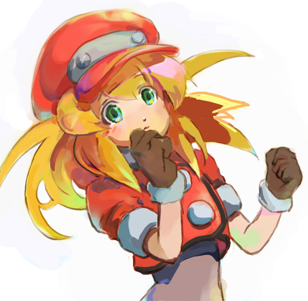 1girl blonde_hair breasts brown_gloves buttons cabbie_hat commentary_request dinef gloves green_eyes hat jacket long_hair looking_at_viewer red_jacket rockman rockman_dash roll_caskett short_sleeves solo