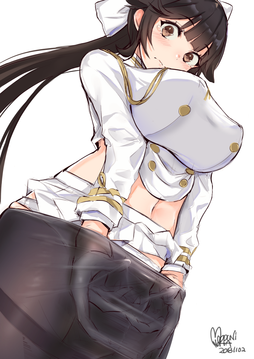 1girl animal_ears azur_lane bangs black_hair black_legwear blush bow breasts brown_eyes commentary dated eyebrows_visible_through_hair gloves hair_bow half_gloves hands_in_pantyhose highres jacket_lift large_breasts long_hair looking_at_viewer mappaninatta military military_uniform navel panties pantyhose pleated_skirt ponytail ribbon signature simple_background skindentation skirt skirt_lift solo stomach takao_(azur_lane) tearing_up thighband_pantyhose underwear uniform very_long_hair white_background white_bow white_gloves white_panties