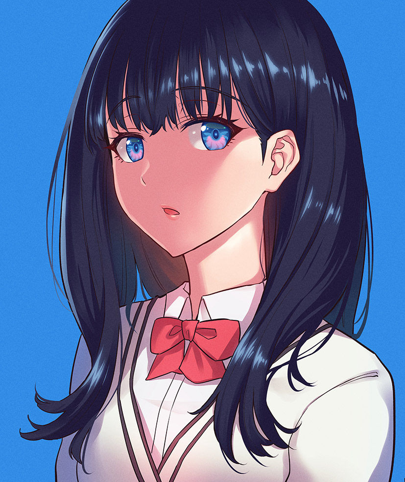 1girl bangs black_hair blue_background blue_eyes bow bowtie collared_shirt commentary_request eyebrows_visible_through_hair lipstick long_hair looking_at_viewer makeup open_mouth pink_lips red_bow red_neckwear school_uniform shirt simple_background solo ssss.gridman takarada_rikka white_cardigan white_shirt zhen_lu