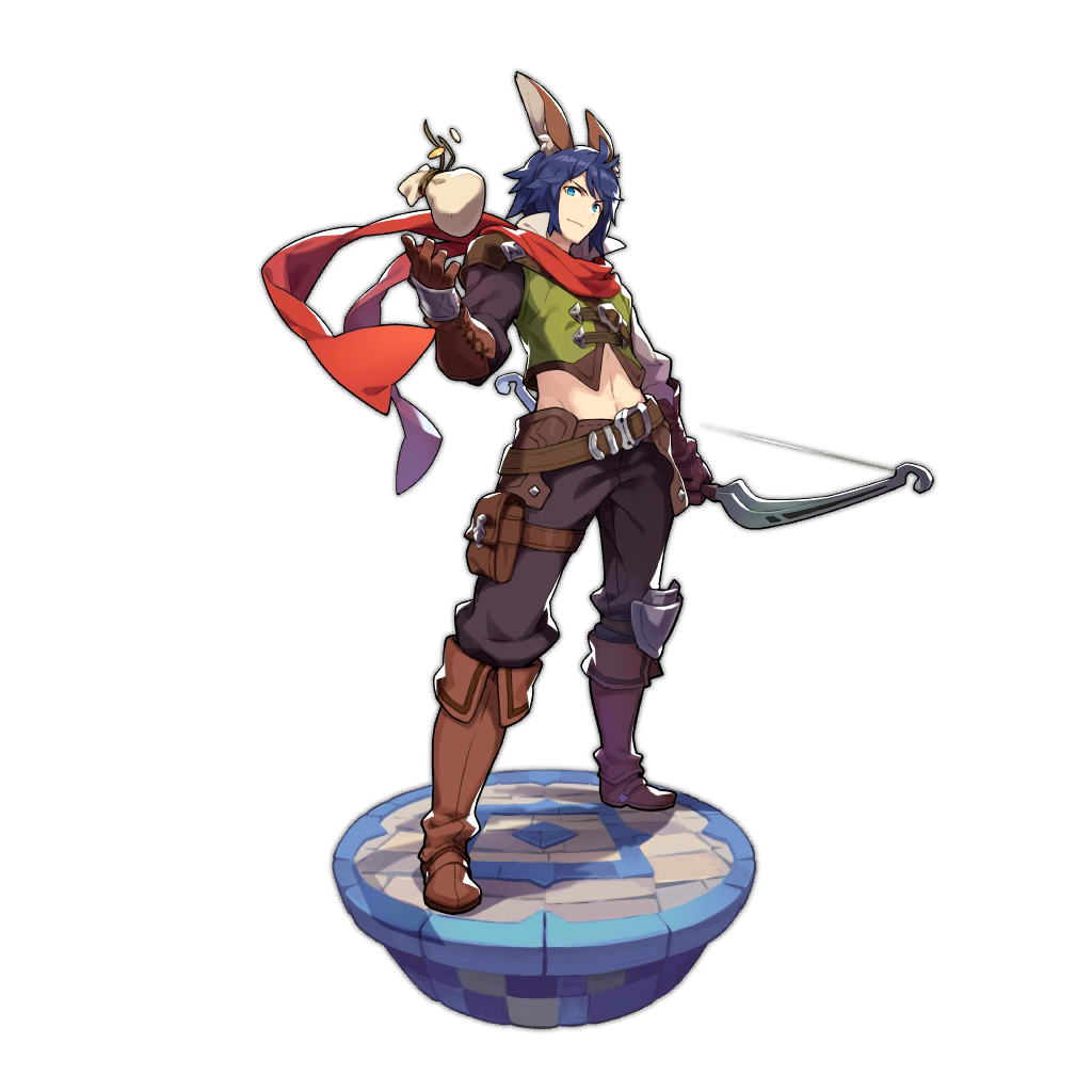 1boy animal_ears artist_request belt blue_eyes blue_hair boots bow coin dragalia_lost looking_at_viewer non-web_source official_art pouch rabbit_ears scarf throwing transparent_background waike