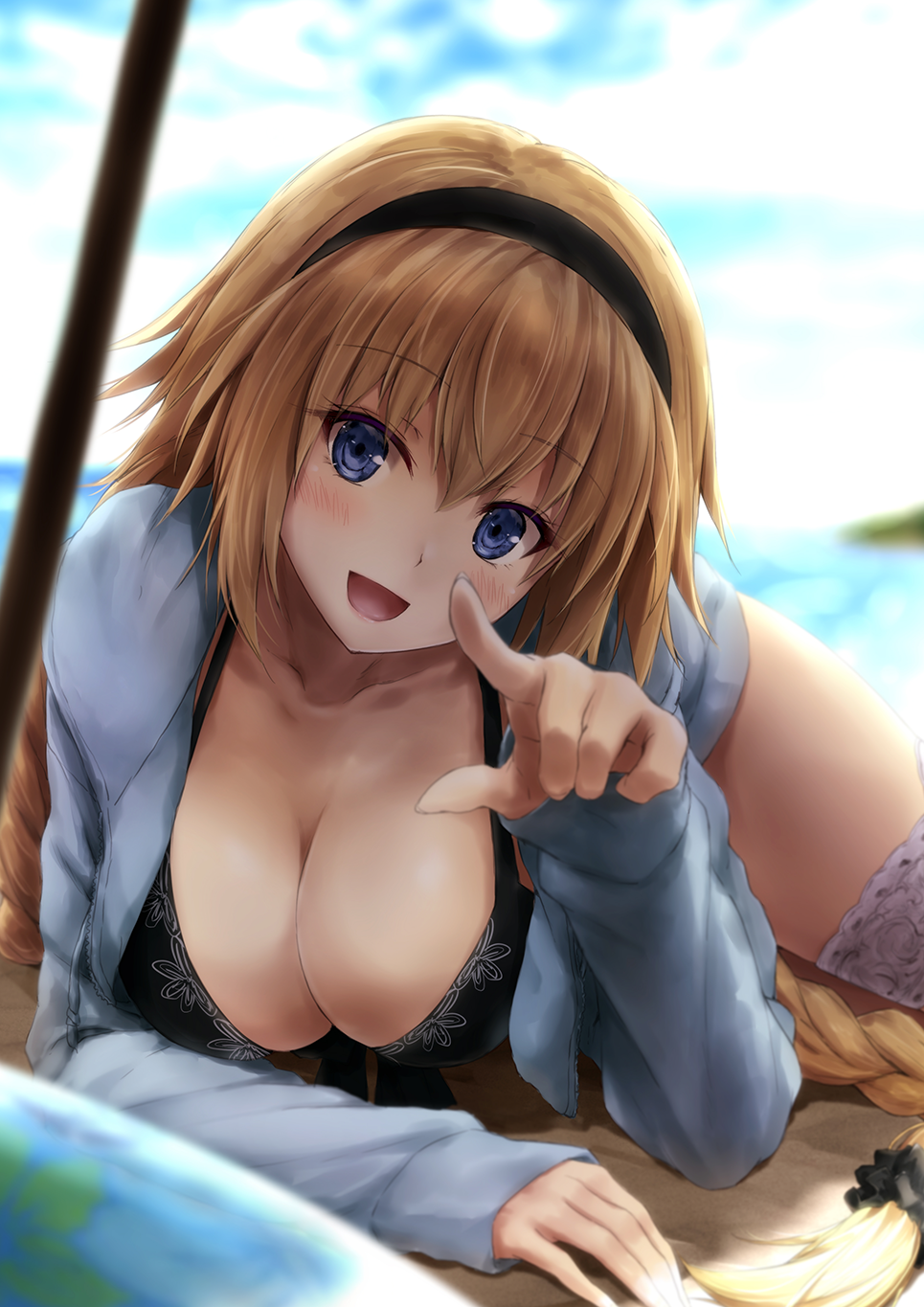 1girl bangs beach bikini black_bikini black_hairband black_scrunchie blonde_hair blue_eyes blurry blurry_background blush braid breasts cleavage day eyebrows_visible_through_hair fate/apocrypha fate_(series) hair_ornament hair_scrunchie hairband highres jacket jeanne_d'arc_(fate) jeanne_d'arc_(fate)_(all) large_breasts long_hair looking_at_viewer lying ocean open_clothes open_jacket open_mouth outdoors pointing pointing_at_viewer sand scrunchie shade sidelocks single_braid smile solo suien swimsuit thigh-highs umbrella very_long_hair