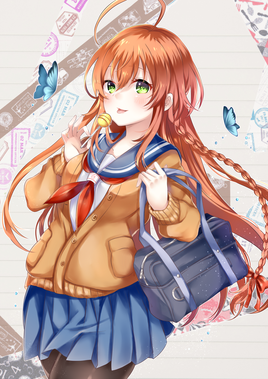 1girl ahoge bag bangs blue_skirt braid bug butterfly commentary_request eyebrows_visible_through_hair green_eyes hair_between_eyes highres holding holding_bag holding_lollipop insect long_hair long_sleeves looking_at_viewer mashiro_aa neckerchief open_mouth orange_hair original pantyhose red_neckwear school_uniform serafuku sidelocks skirt solo sweater