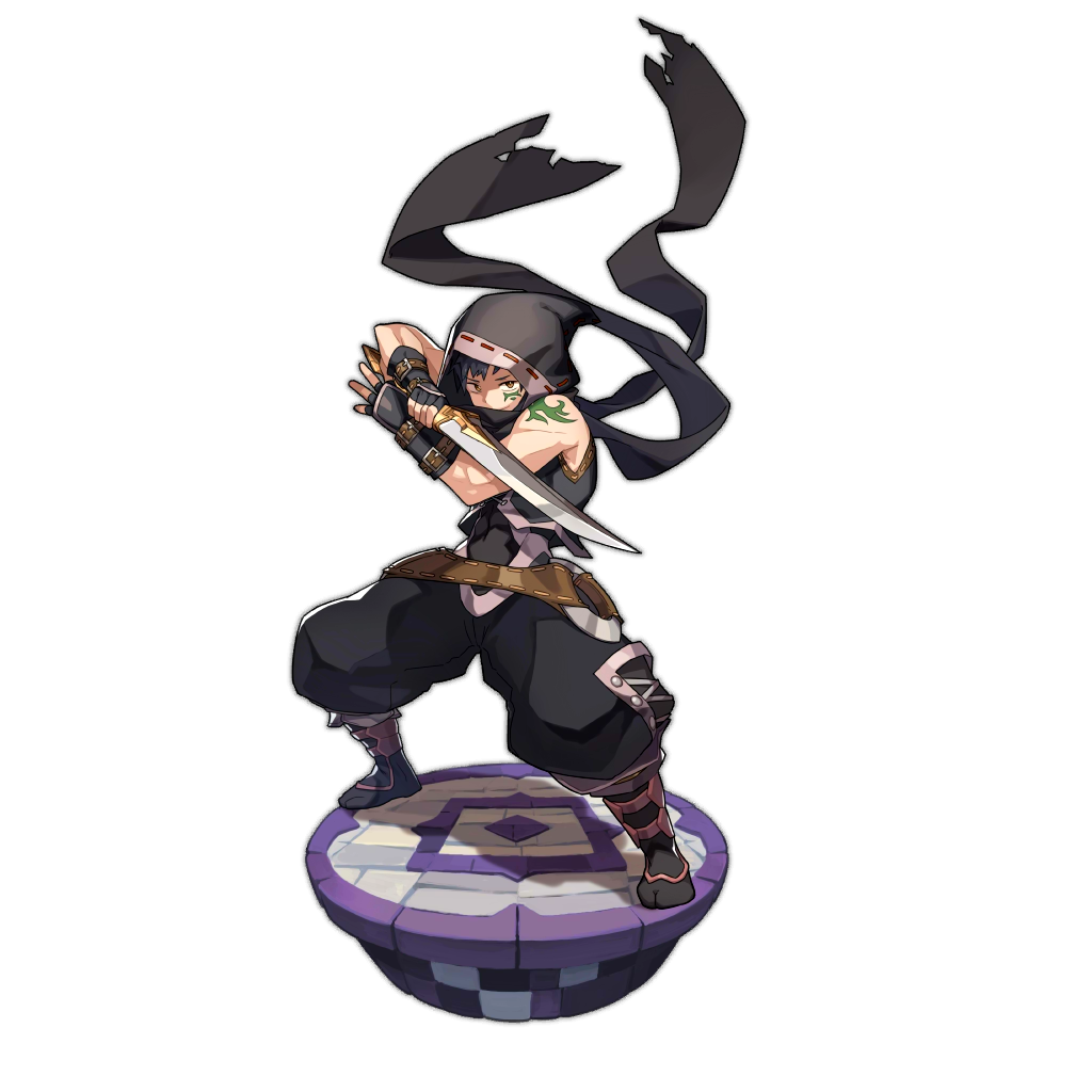 1boy artist_request belt dragalia_lost facial_mark facial_tattoo fighting_stance gauntlets holding holding_sword holding_weapon hood looking_at_viewer ninja non-web_source official_art scarf scimitar sword tattoo transparent_background vice_(dragalia_lost) weapon