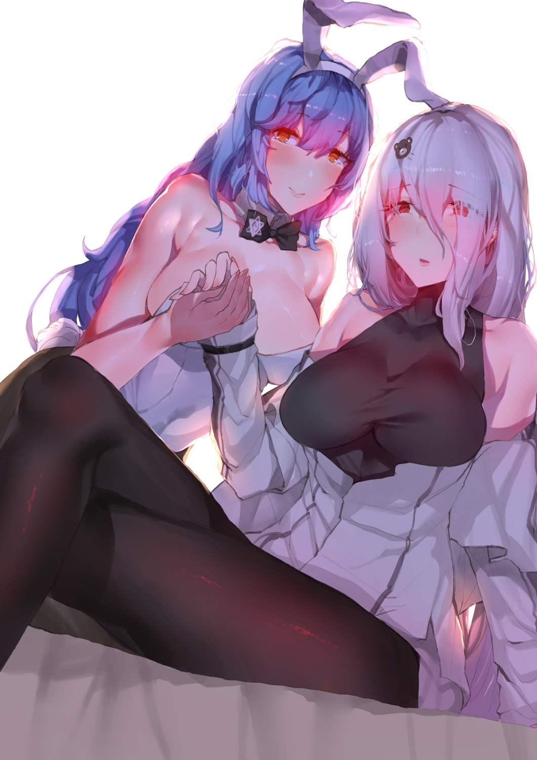 2girls :o albino animal_ears assault_rifle backlighting bare_shoulders bullpup bunny_girl bunnysuit collarbone detached_collar girls_frontline gun hair_ornament hand_holding highres imi_tavor_tar-21 legs_crossed long_hair machine_gun multiple_girls orange_eyes pale_skin pantyhose pk_(girls_frontline) pkm rabbit_ears red_eyes rifle sitting smile tar-21_(girls_frontline) weapon white_hair yueqin_(monnpiano)