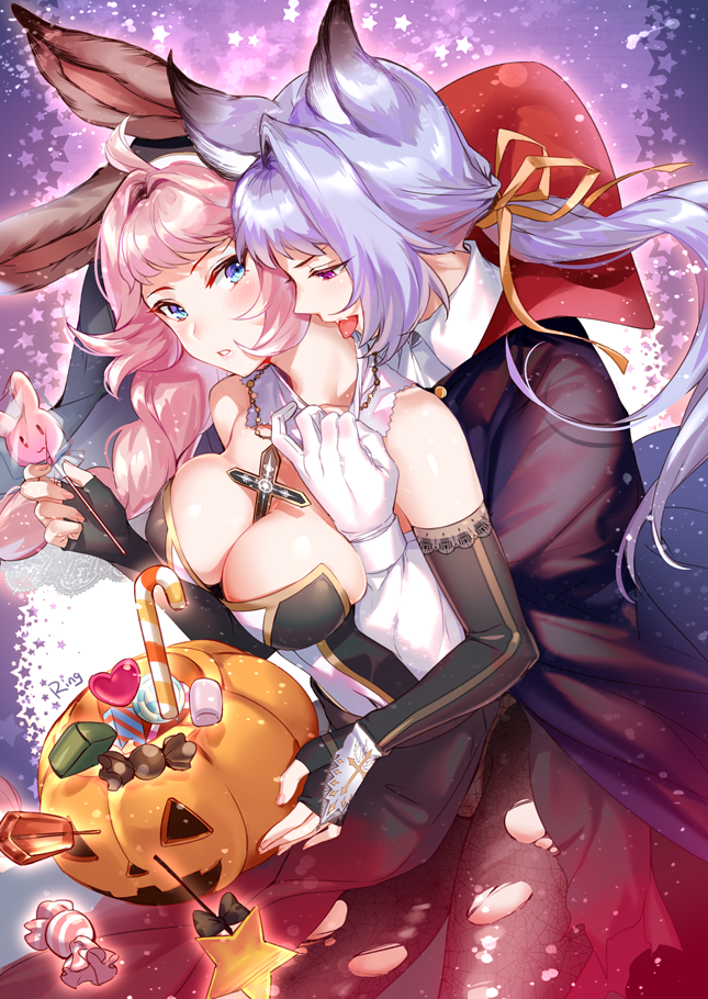 1boy 1girl ahoge aki663 animal_ears bare_shoulders between_breasts black_dress black_gloves black_legwear blue_eyes blush braid breasts candy cleavage collar_tug commentary_request cross detached_collar dress elbow_gloves erune esser fangs fingerless_gloves food formal gloves granblue_fantasy hair_intakes hair_ribbon halloween incest jacket large_breasts licking long_hair looking_at_another nun open_mouth pantyhose pink_hair ponytail pumpkin purple_hair quatre_(granblue_fantasy) ribbon suit tongue tongue_out torn_clothes torn_legwear vampire very_long_hair