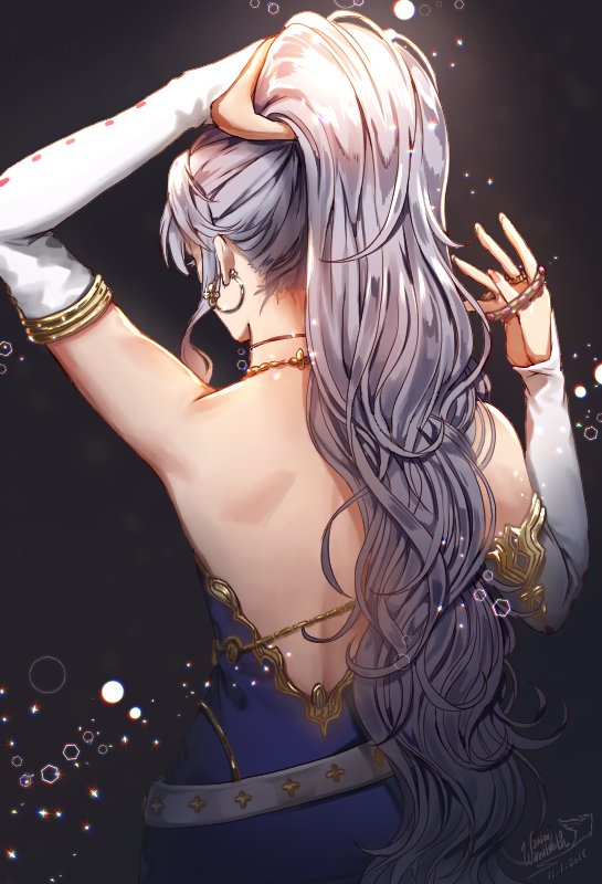 1girl dress earrings elbow_gloves fire_emblem fire_emblem:_seisen_no_keifu fire_emblem_heroes gloves ishtar_(fire_emblem) jewelry long_hair nintendo ponytail side_ponytail simple_background solo violet_eyes wani_(fadgrith)