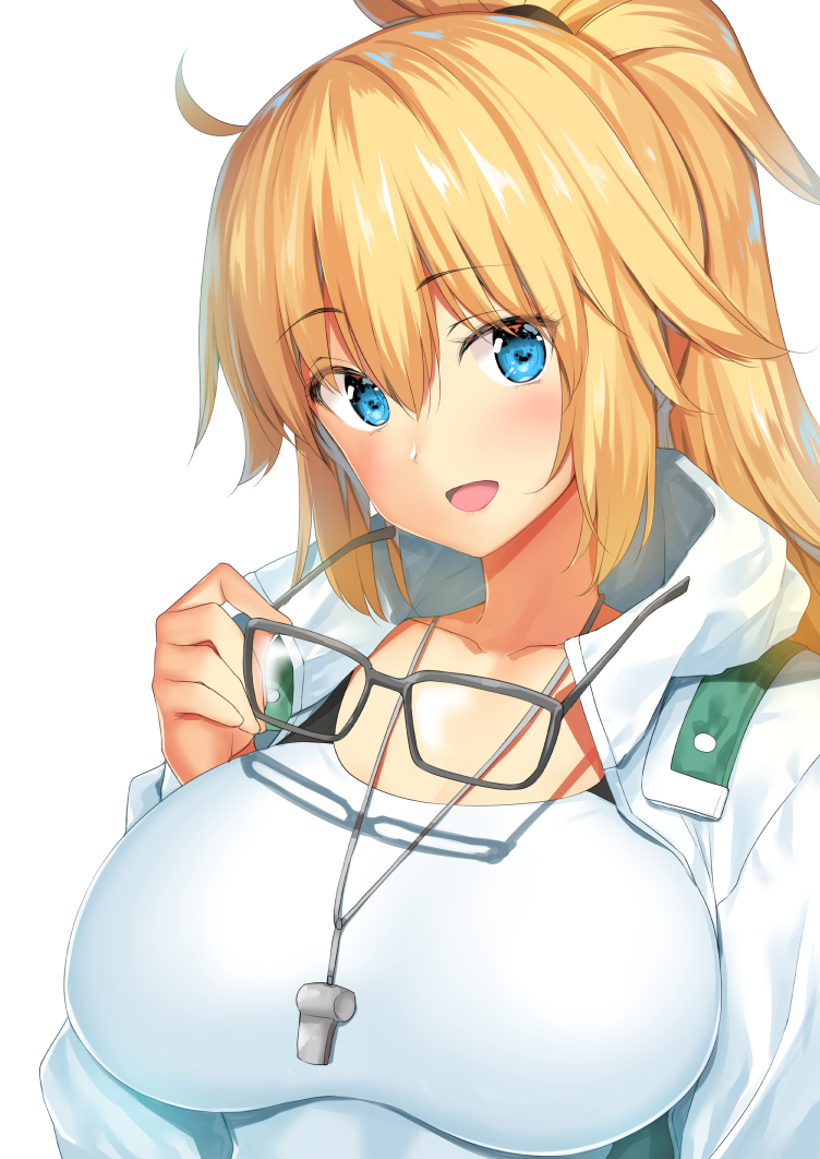1girl bespectacled black_bow blonde_hair blue_eyes blue_jacket body_mahattaya_ginga bow collarbone commentary_request competition_swimsuit eyebrows_visible_through_hair eyewear_removed fate/grand_order fate_(series) glasses hair_bow head_tilt high_ponytail hood hooded_jacket impossible_clothes jacket jeanne_d'arc_(fate)_(all) jeanne_d'arc_(swimsuit_archer) long_hair one-piece_swimsuit open_mouth ponytail sidelocks solo swimsuit upper_body whistle whistle_around_neck white_jacket white_swimsuit