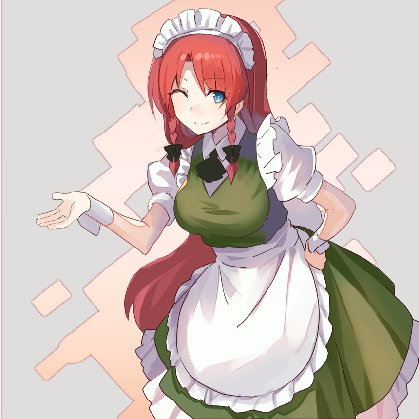 1girl ;) alternate_costume apron ascot bangs black_bow black_neckwear blue_eyes bow breasts commentary_request cosplay cowboy_shot dress enmaided eyebrows_visible_through_hair frilled_apron frills green_dress grey_background hair_bow hand_on_hip hand_up hong_meiling izayoi_sakuya izayoi_sakuya_(cosplay) large_breasts leaning_forward long_hair looking_at_viewer maid maid_apron maid_headdress one_eye_closed petticoat puffy_short_sleeves puffy_sleeves redhead rin_falcon shirt short_sleeves simple_background smile solo touhou very_long_hair waist_apron white_apron white_shirt wrist_cuffs