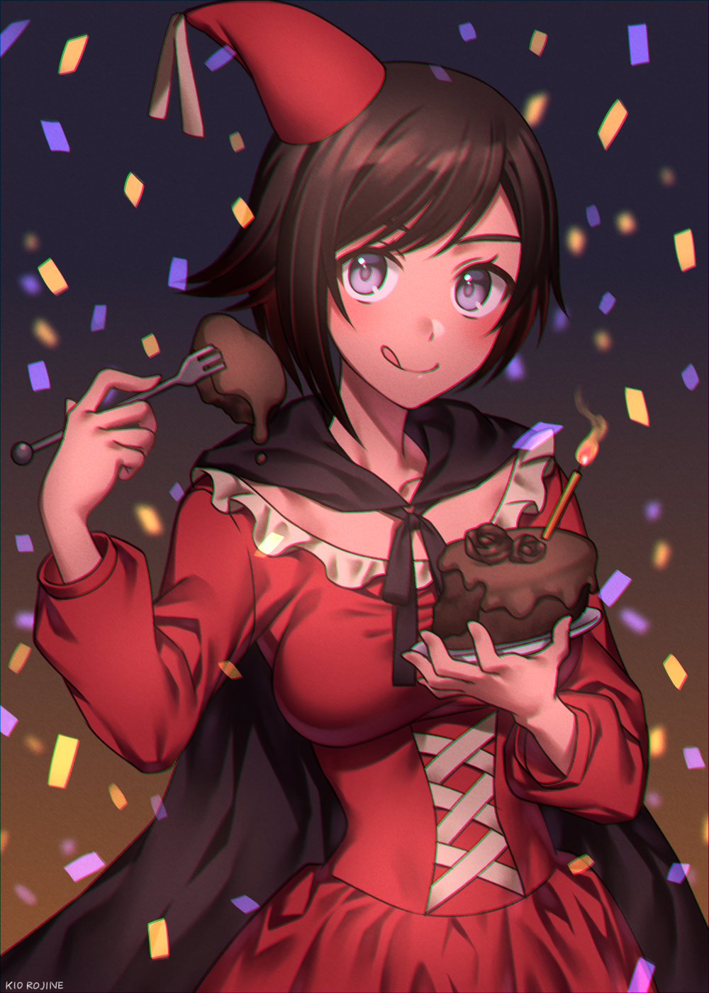 1girl birthday birthday_cake blouse breasts brown_hair cake candle cape chocolate_cake commentary_request corset food fork glitter grey_eyes happy_birthday hat highres kio_rojine licking_lips party_hat ruby_rose rwby solo tongue tongue_out