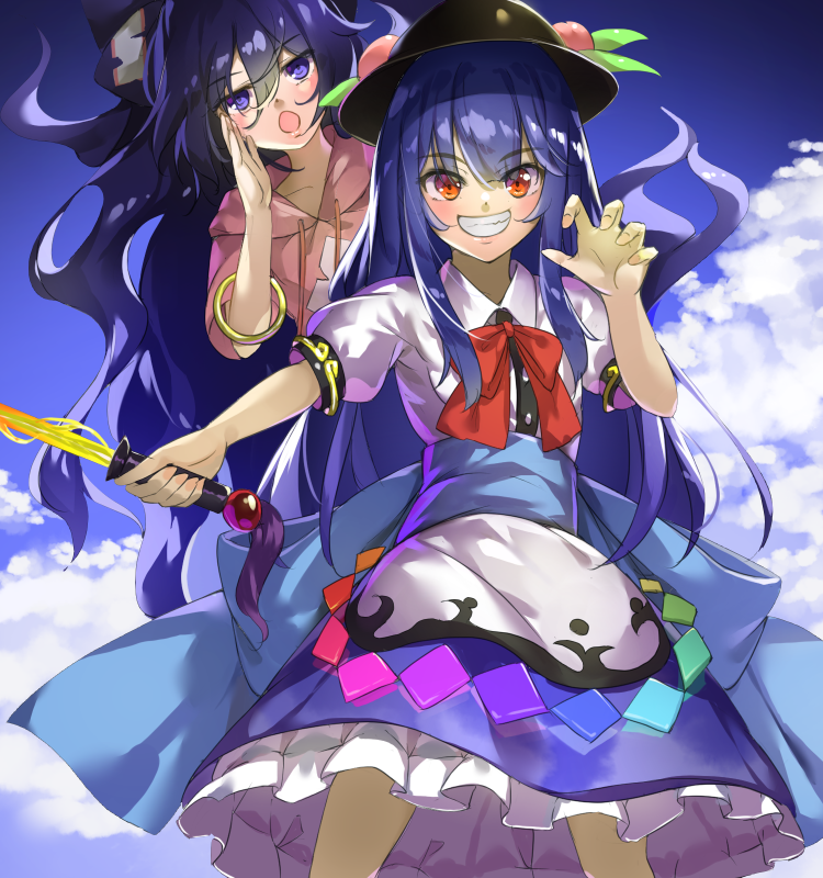 2girls arm_up bangle behind_another blue_eyes blue_hair blue_sky bow bracelet claw_pose clouds commentary_request cowboy_shot day drawstring dress eyebrows_visible_through_hair eyes_visible_through_hair food fruit grin hair_bow hand_on_own_cheek hat hinanawi_tenshi hood hood_down jewelry layered_dress leaf long_hair looking_at_viewer multiple_girls open_mouth outdoors outstretched_arm peach petticoat pink_hoodie piyodesu puffy_short_sleeves puffy_sleeves red_eyes red_neckwear ribbon short_sleeves sky smile standing sword_of_hisou touhou very_long_hair wing_collar yorigami_shion