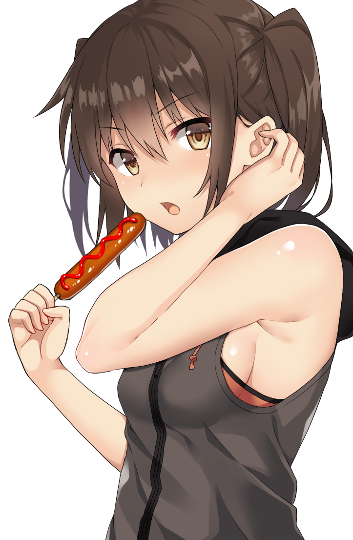 1girl :o adjusting_hair arm_up armpits bangs bare_arms bare_shoulders black_hoodie blush bra bra_peek breasts brown_eyes brown_hair eyebrows_visible_through_hair food from_side hand_in_hair holding holding_food hood hood_down hoodie kantai_collection ketchup looking_to_the_side medium_breasts open_mouth orange_bra sausage sendai_(kantai_collection) shiny shiny_hair shiny_skin short_hair short_twintails sideboob simple_background sleeveless sleeveless_hoodie solo twintails underwear upper_body v-shaped_eyebrows white_background yuzuttan